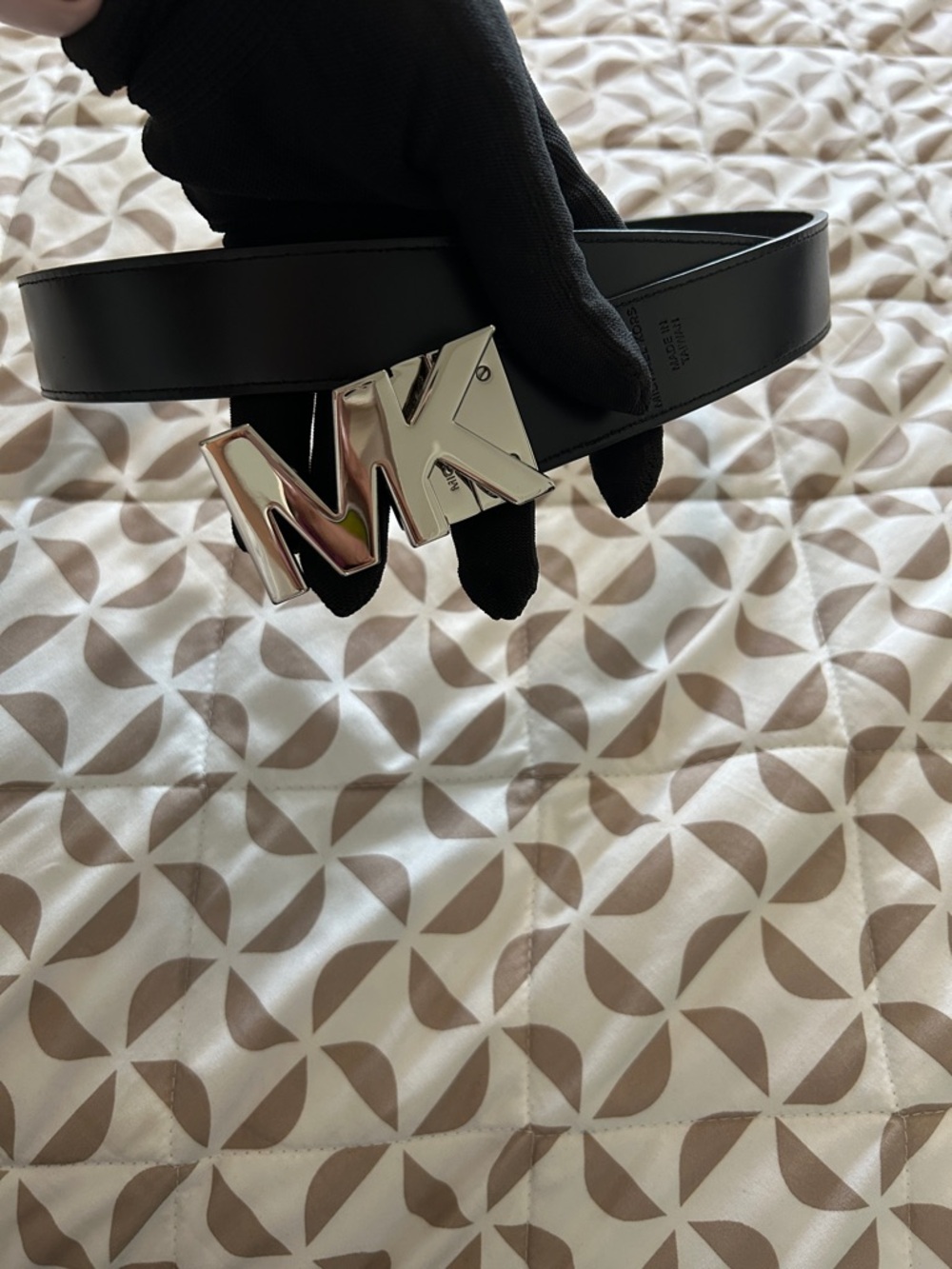 Michael Kors Black Leather Belt with Silver MK Initial Buckle